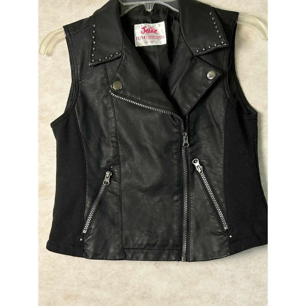 Justice Girls Black Faux Leather Moto Vest Studded Asymmetrical Zip Size 12/14